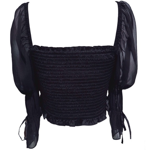 Urban Outfitters Black Smocked Crop Top Sheer Bubble Sleeve Blouse Medium - Picture 3 of 11